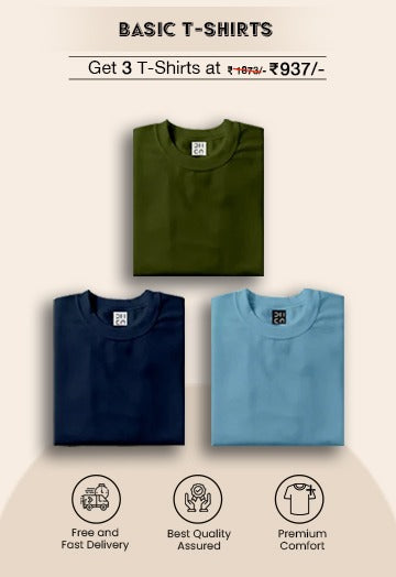 3 in One Combo Dhaga Unisex T-Shirts (Olive Green, Dark Blue & Light blue )