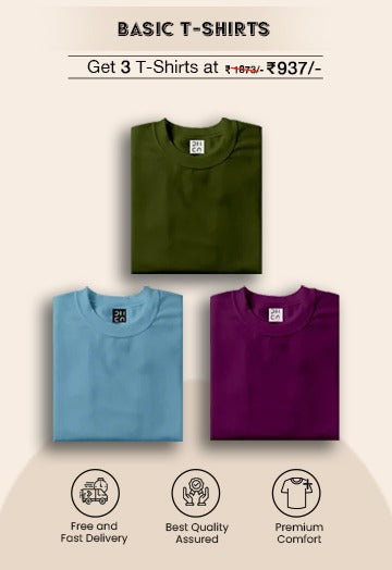 3 in One Combo Dhaga Unisex T-Shirts (Light Blue , Purple, Olive Green)