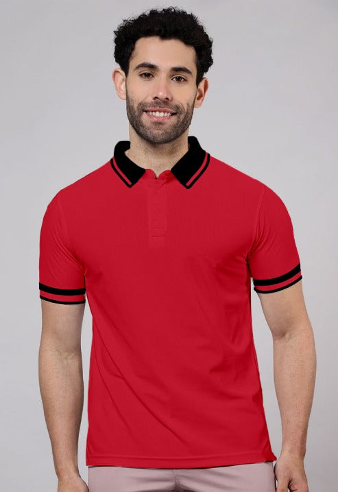 Dhaga Red Colour Striped Black Collar T-Shirt