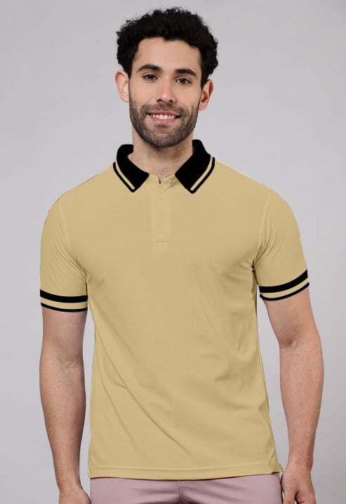 Dhaga White Cream Colour Striped Black Collar T-Shirt