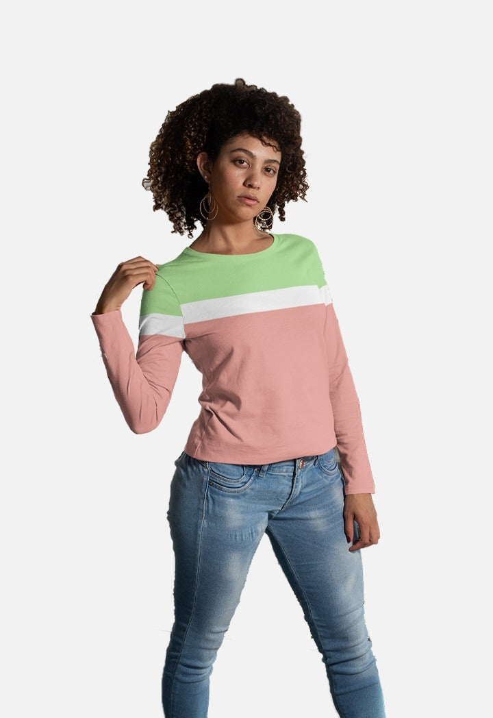 Dhaga Women Dual Tone Light Green & Pink colour Full Sleeve Tshirt