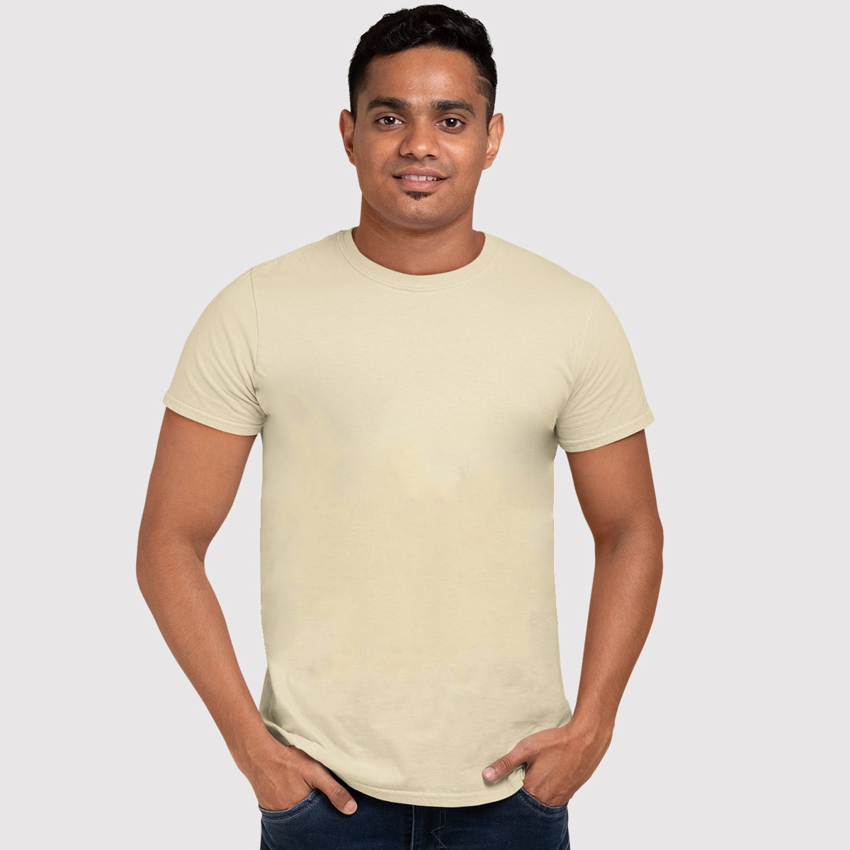 Dhaga  Cream Half Sleeves Basic T-Shirt