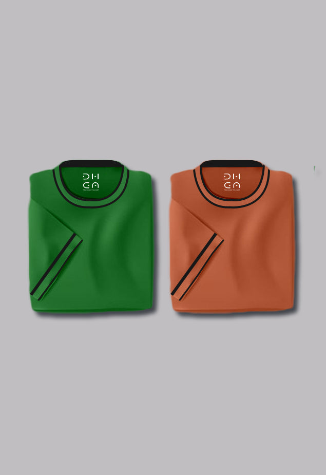 Ribbed Combo Green-Light Orange Pure Cotton Unisex T-Shirt